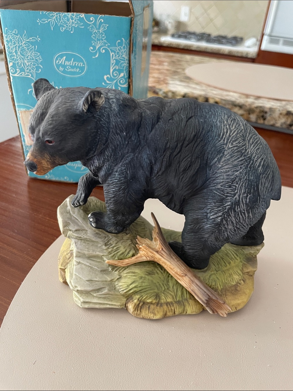 Andrea by Sadek Black and Brown Bear on Rock Figurine 5 1/2” High